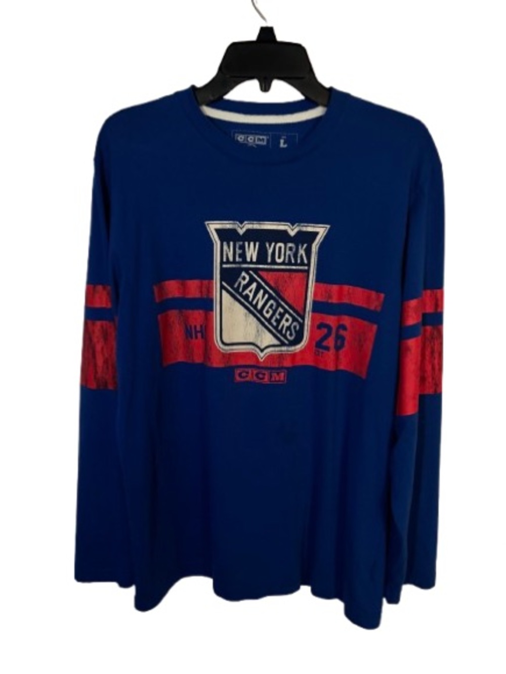 CCM Blue Long Sleeve New York Rangers Graphic Tee with Red Accents Large